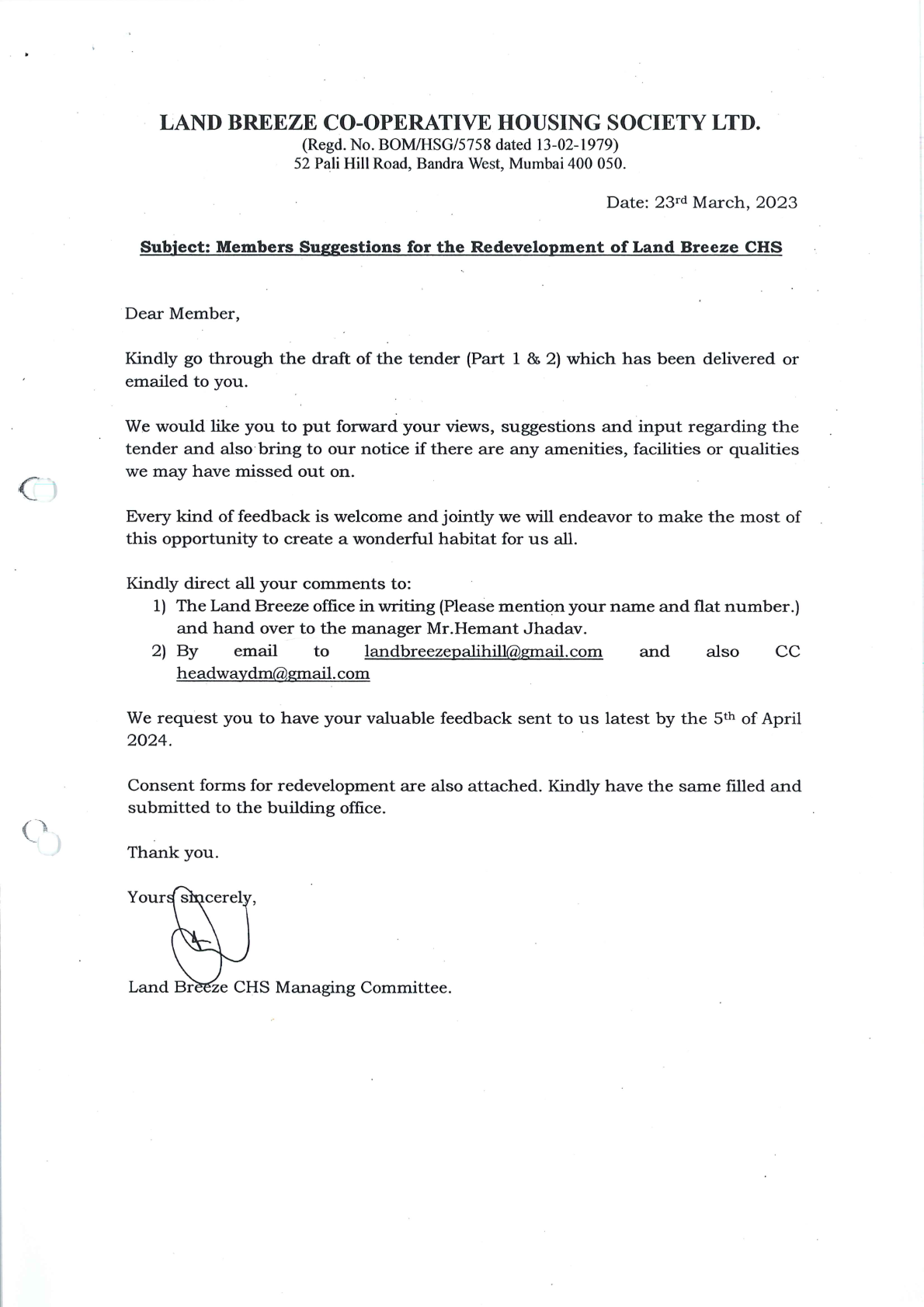 Members suggestions for Redevelopment